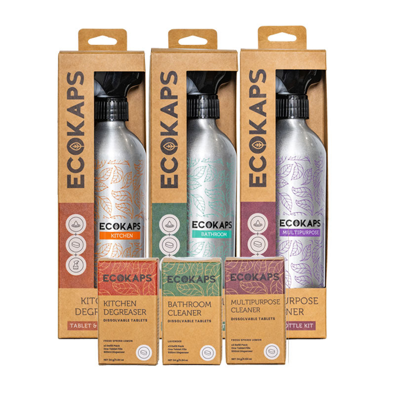 Essentials cleaning pack, dissolvable cleaning tablets and aluminium bottle pack, ECOKAPS, New Zealand, Kitchen Degreaser, Multipurpose, Bathroom Cleaners