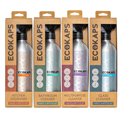 Full Cleaning Pack ECOKAPS Dissolvable Cleaning Bottle Kit New Zealand, kitchen degreaser, bathroom cleaner, multipurpose cleaner, glass cleaner, aluminium bottle kits