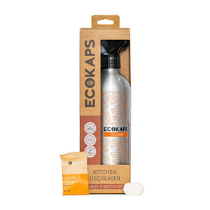 Essentials cleaning pack, dissolvable cleaning tablets and aluminium bottle pack, ECOKAPS, New Zealand, Kitchen Degreaser Cleaner