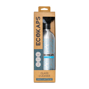 Glass Cleaner Kit ECOKAPS Dissolvable Cleaning Tablet and bottle kit New Zealand, front of kit